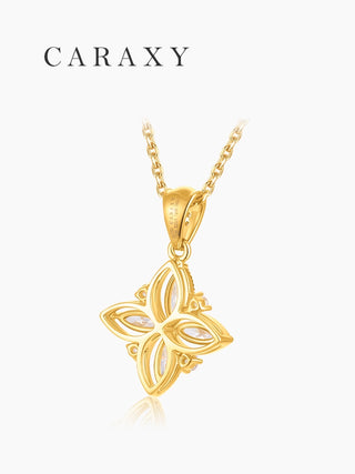 Side view of a lab-grown diamond clover necklace in 18K yellow gold showing the open-back design and airy pendant setting.