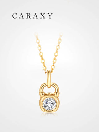 18K yellow gold diamond kettlebell necklace with a bezel set round lab grown diamond.