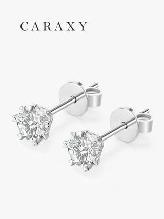 diamond stud earrings with snowflake inspired prongs side view CARAXY
