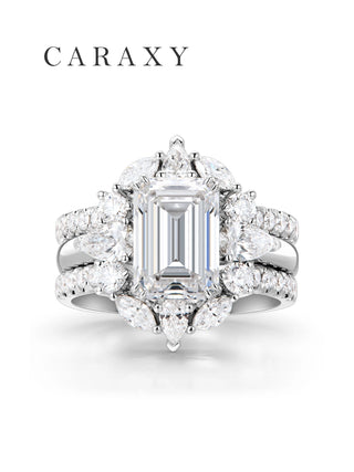 CARAXY emerald cut diamond bridal ring set with pear shaped and round diamond accents, front view