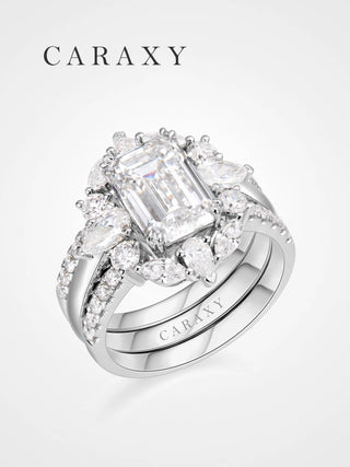 CARAXY emerald cut diamond ring set with matching diamond enhancer shown from an angled view