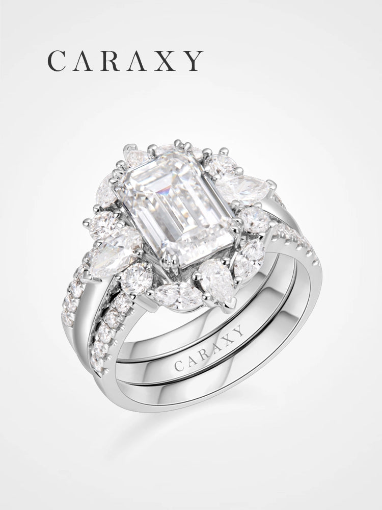 CARAXY emerald cut diamond ring set with matching diamond enhancer shown from an angled view
