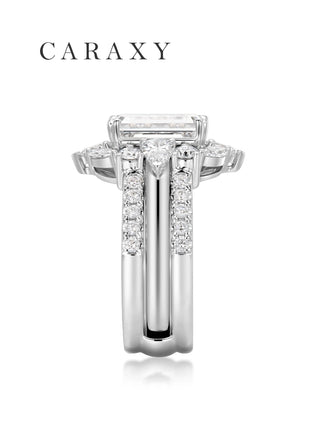 CARAXY emerald cut diamond ring set with pear shaped side stones and pavé detailing, side profile