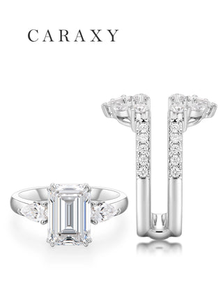CARAXY emerald cut engagement ring with pear shaped side stones shown beside its matching diamond ring enhancer