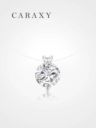 Floating lab grown diamond pendant necklace in sterling silver with invisible clear line chain and butterfly-shaped setting.