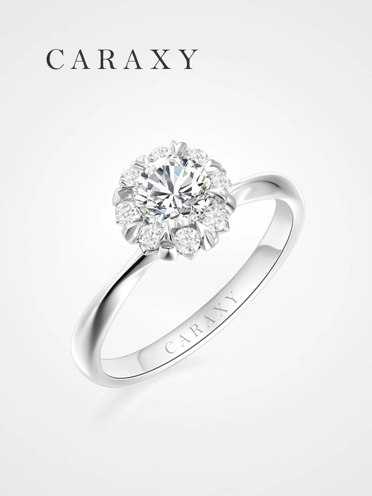floral halo lab grown diamond engagement ring in 18k white gold caraxy