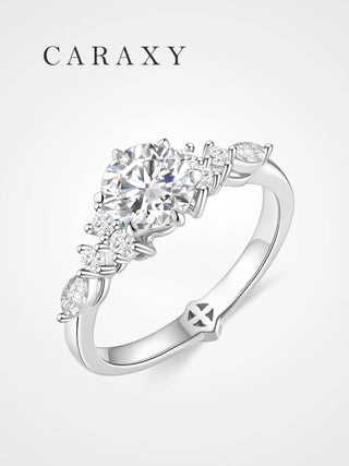 Floral round lab-grown diamond side stone engagement ring in 18K white gold
