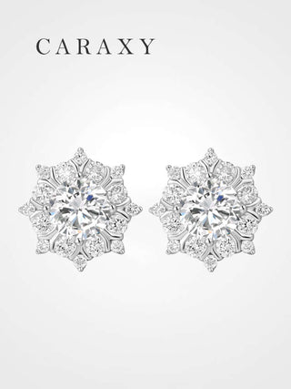 Floral snowflake lab grown diamond stud earrings shown in a front product view.