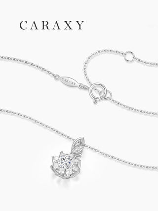 Lab grown diamond flower pendant necklace in 18K white gold with cable chain, spring ring clasp, and adjustable extension rings.