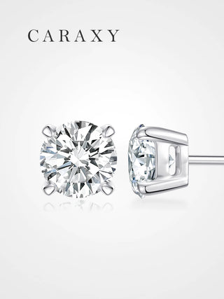 Four-prong lab grown diamond stud earrings shown in front and side views.