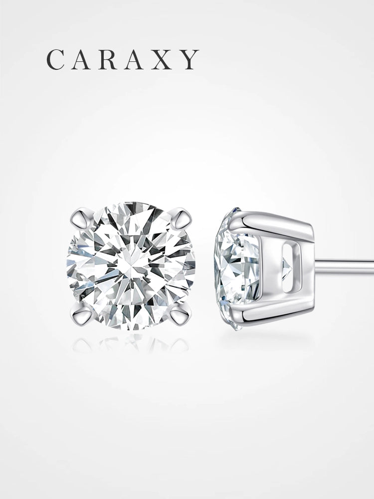Four-prong lab grown diamond stud earrings shown in front and side views.