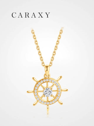 gold ship wheel diamond pendant necklace CARAXY front view