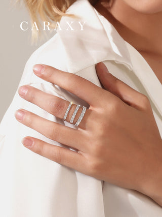 Woman wearing three lab grown diamond half eternity bands in 0.15, 0.3, and 0.6 ct t.w.