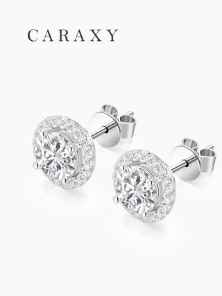 Side view of halo lab-grown diamond stud earrings with 18K white gold posts and backs.