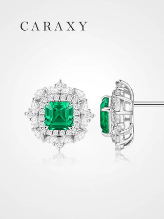 Lab created emerald halo stud earrings with Asscher cut emeralds and round and marquise lab grown diamonds.