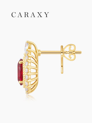 Side view of ruby stud earrings with open gallery and butterfly push back.