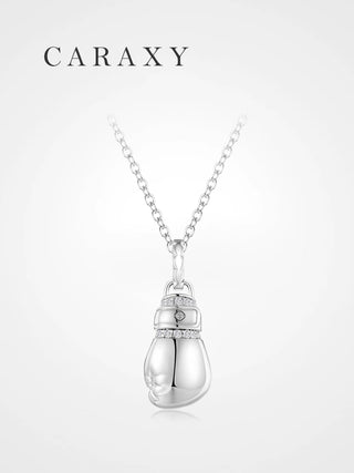 Lab grown diamond boxing glove necklace in sterling silver with polished glove pendant design.