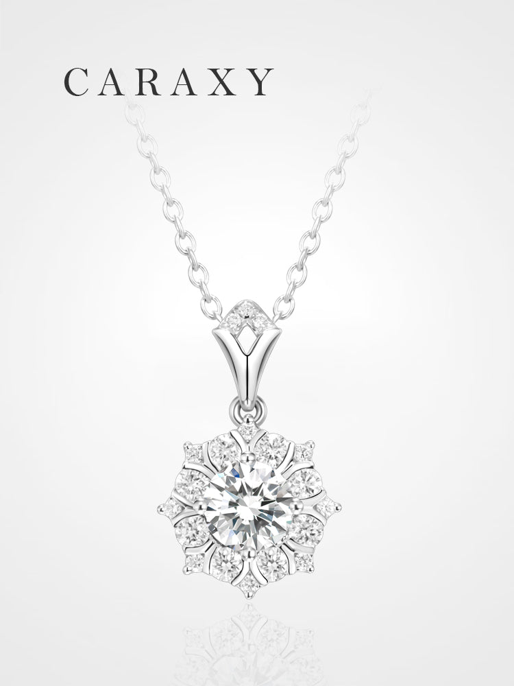 Lab grown diamond cluster necklace with a round brilliant center stone and a starburst-inspired silhouette.