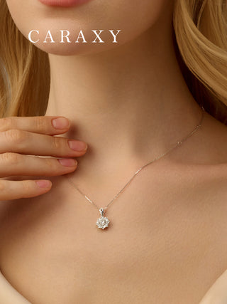 Model wearing a lab grown diamond cluster necklace with a delicate round pendant and elegant everyday sparkle.