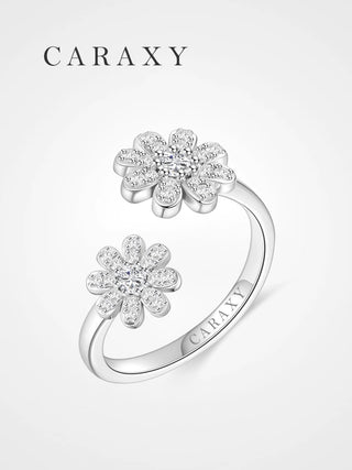 Lab grown diamond double flower wrap ring in sterling silver with pavé flower petals and open bypass design.