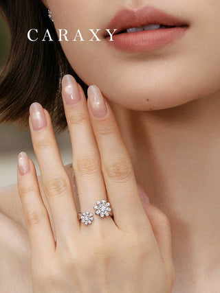 Model wearing a lab grown diamond flower open ring in sterling silver with double floral details