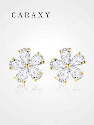 Lab grown diamond flower stud earrings in 18K yellow gold with a five-petal floral design.
