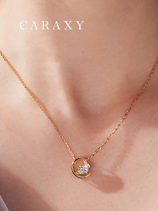 Lab grown diamond moon rabbit necklace worn on model, featuring a meaningful crescent moon design.