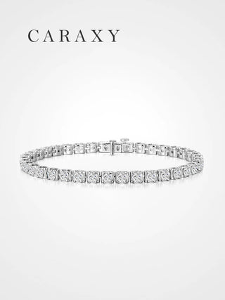 Front view of a lab grown round brilliant diamond tennis bracelet in 18K white gold.