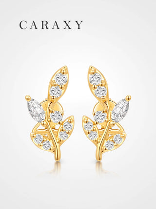 Leaf-inspired lab grown diamond stud earrings in 18K yellow gold with marquise and round diamonds.