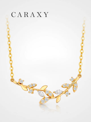 Lab grown diamond leaf vine necklace in 18K yellow gold with marquise and round diamonds, front view.