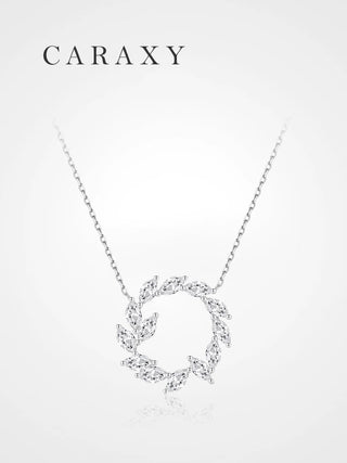 Lab grown leaf wreath diamond necklace in 18K white gold with marquise diamonds, front view.