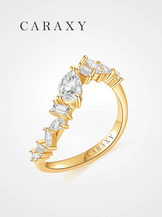 Mixed shape lab grown diamond ring in yellow gold.