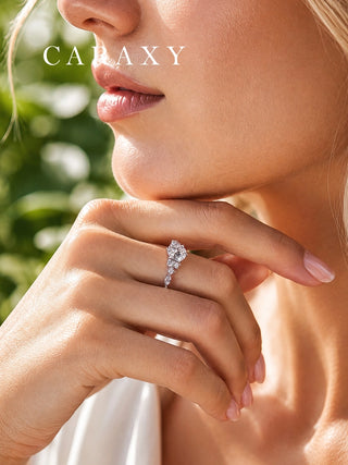 Model wearing a floral lab-grown diamond engagement ring in 18K white gold
