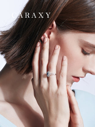 model wearing oval double halo lab grown diamond ring