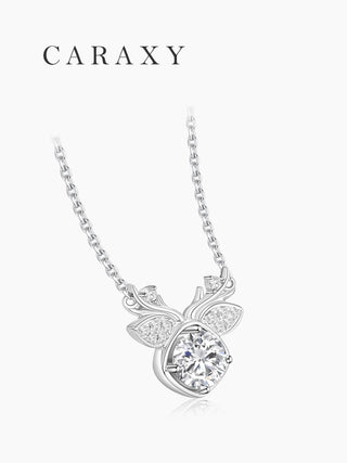 Angle view of a nature-inspired deer antler necklace with a round brilliant center stone and diamond accents.