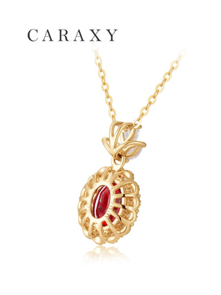 Back view of ruby diamond pendant necklace with open gallery design in 18K yellow gold.