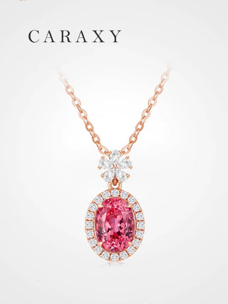 Oval lab-grown Padparadscha sapphire halo necklace in 18K rose gold
