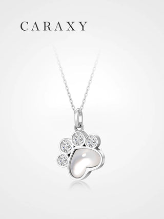 Paw inspired mother of pearl diamond necklace in sterling silver with lab grown diamond accents and chain.