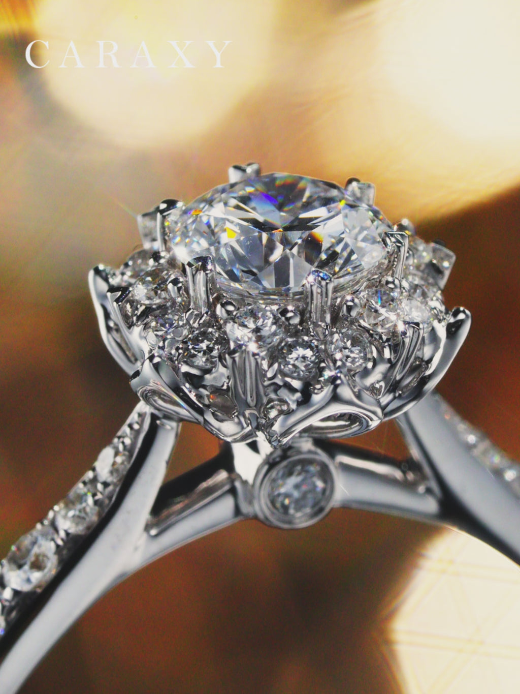 Video showcasing the shimmer of a floral halo ring and its unique hidden surprise diamond.