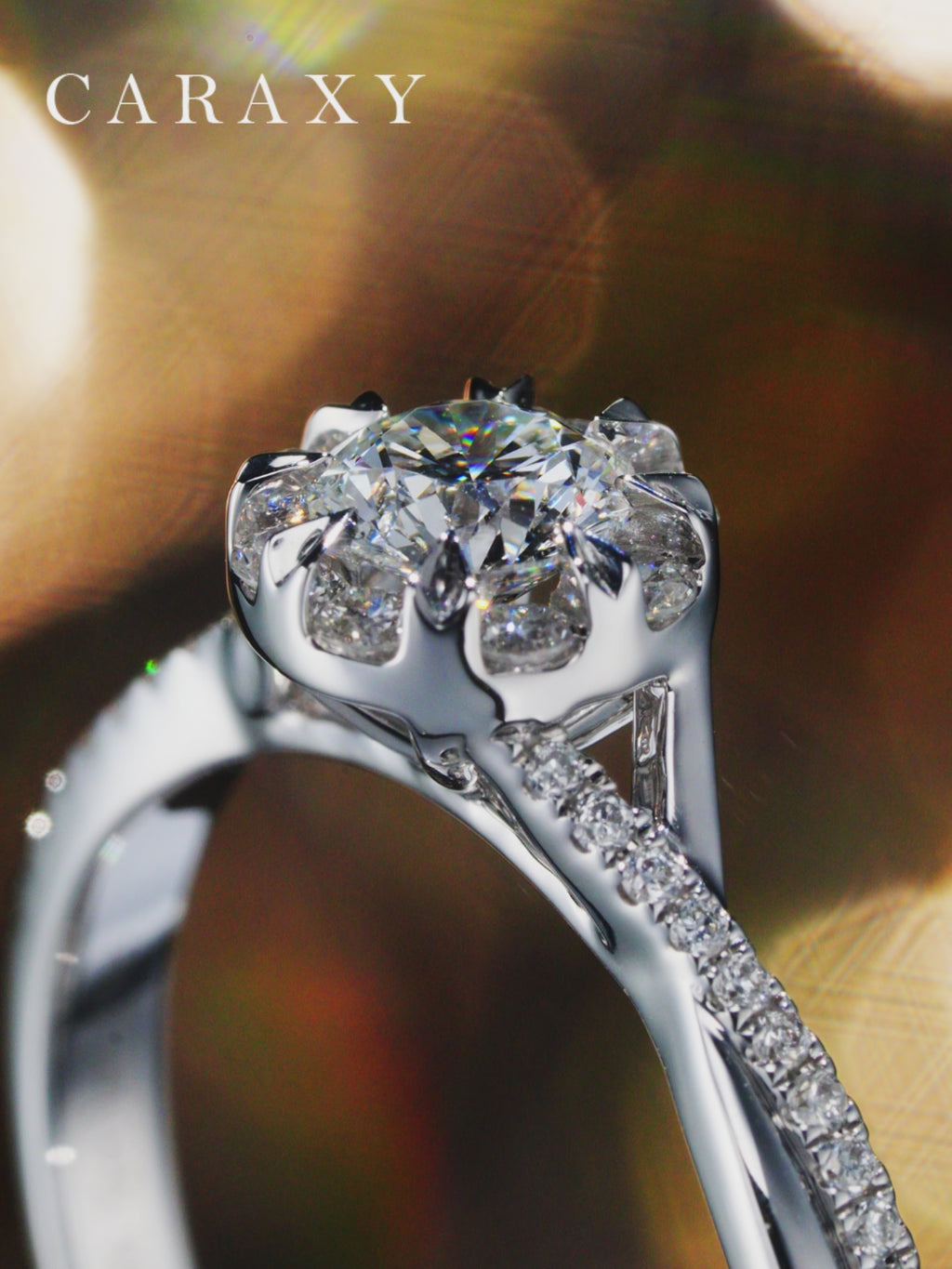 Video showcasing the high-brilliance sparkle of a 2 carat look floral ring.