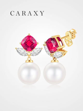 Red gemstone diamond and freshwater pearl drop earrings in 18K yellow gold