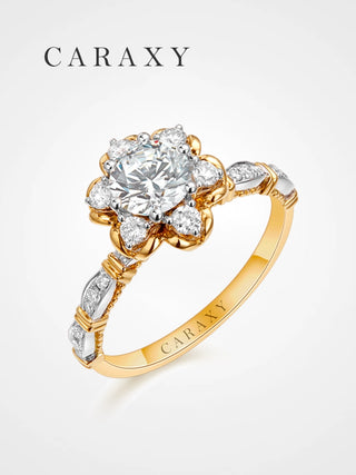 CARAXY round cut floral halo diamond ring in yellow gold and white gold, angled view