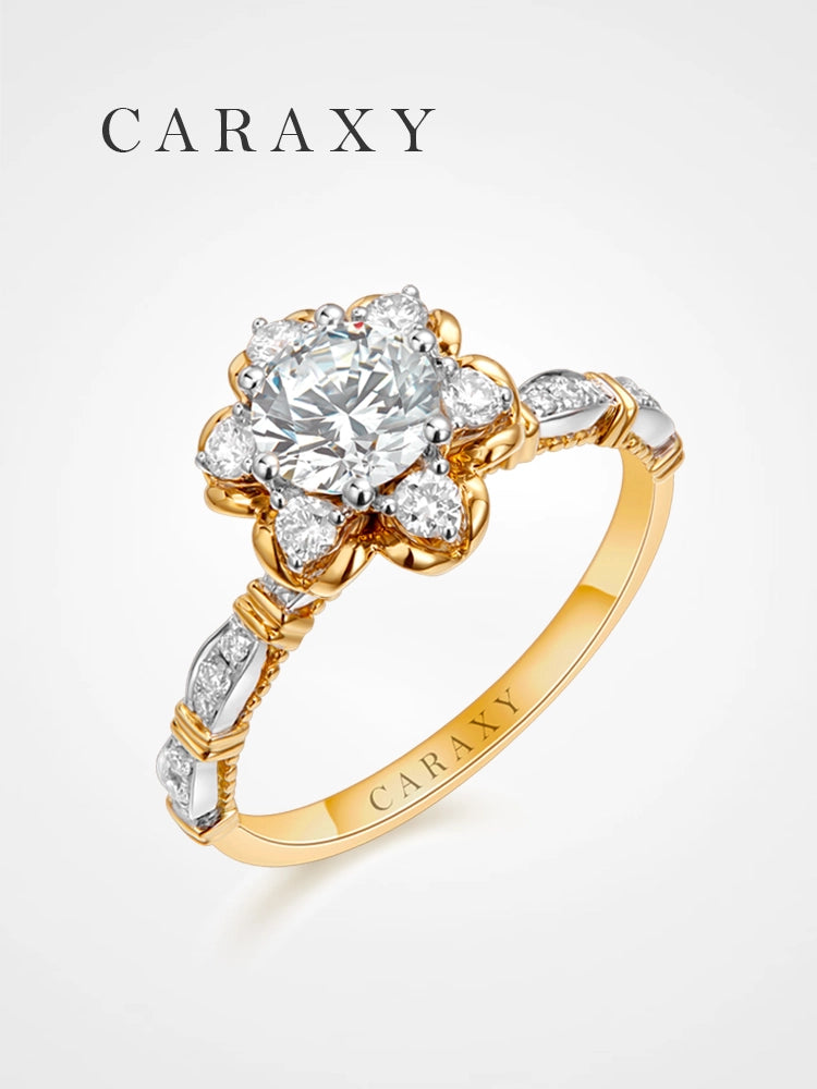 CARAXY round cut floral halo diamond ring in yellow gold and white gold, angled view