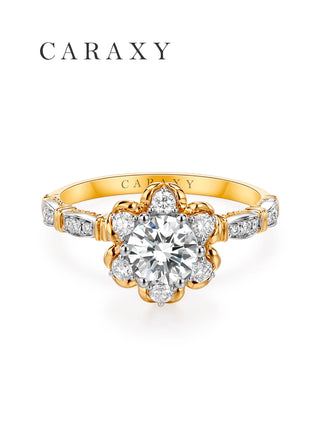 CARAXY round cut floral halo diamond ring in yellow gold and white gold, front view