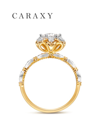 CARAXY round cut floral halo diamond ring in yellow gold and white gold, side profile view