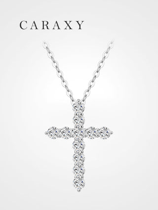 Round brilliant lab grown diamond cross necklace in 18K white gold with a delicate everyday design.