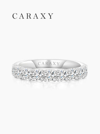 Front view of a lab grown diamond half eternity wedding band with round diamonds