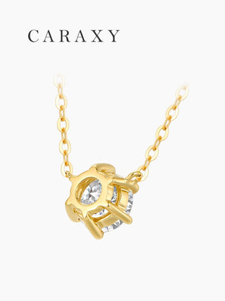 Back detail of a round solitaire lab grown diamond necklace in yellow gold.