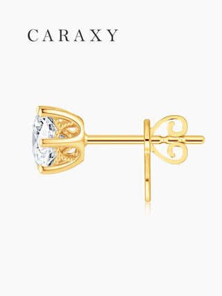 Side view of a round diamond stud earring with a scrollwork gallery in 18K yellow gold