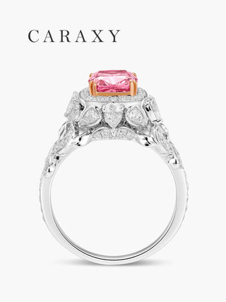 side view of pink lab grown diamond ring showcasing halo and sculpted vine detailing